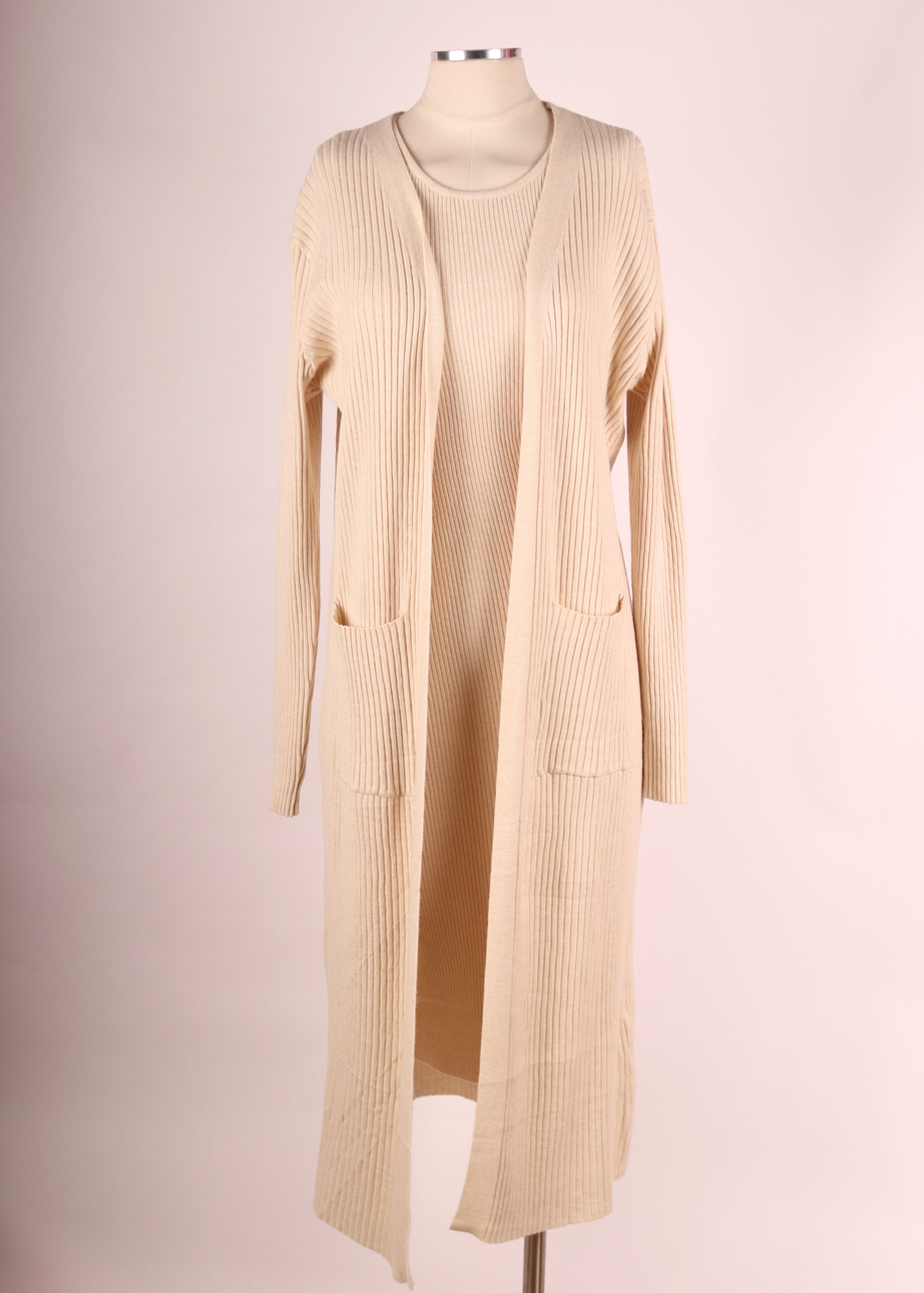 SET DE CARDIGAN Y VESTIDO PUNTO ACANALADO BEIGE