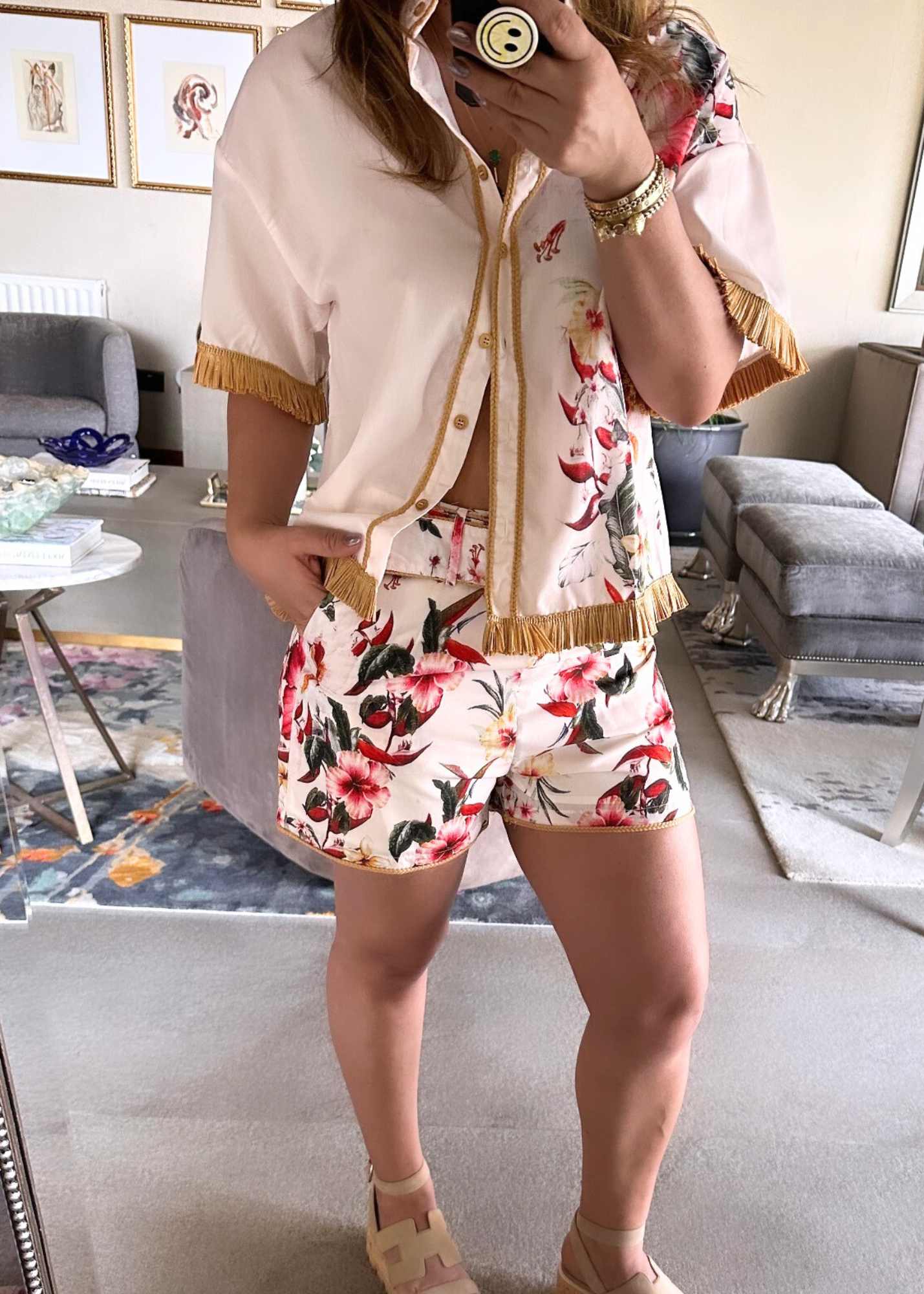 SET ESTAMPADO FLORAL FLECOS RAFIA