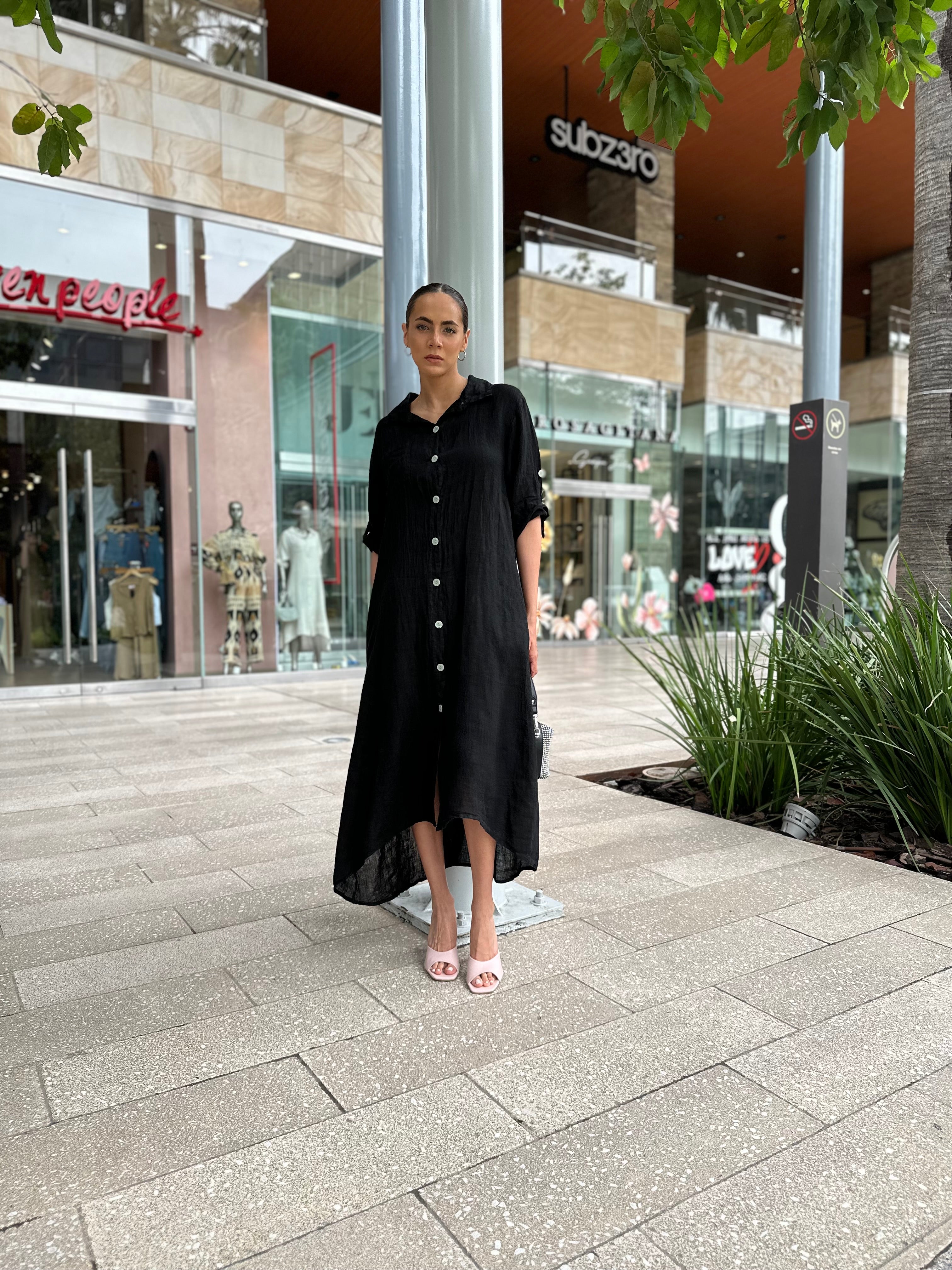 VESTIDO LINO MANGAS AJUSTABLES NEGRO