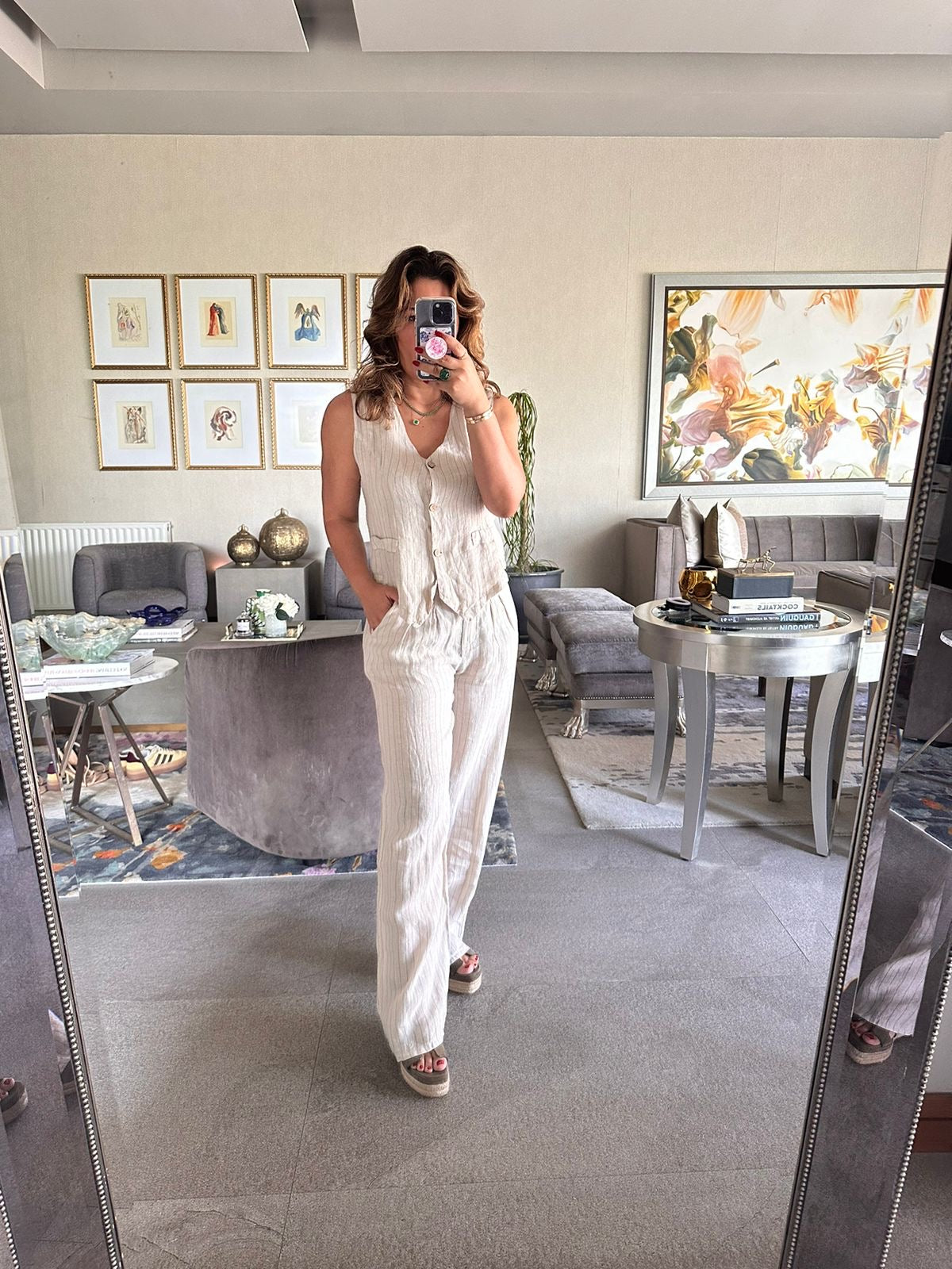 EP LUXURY SET DE CHALECO Y PANTALON A RAYAS BEIGE