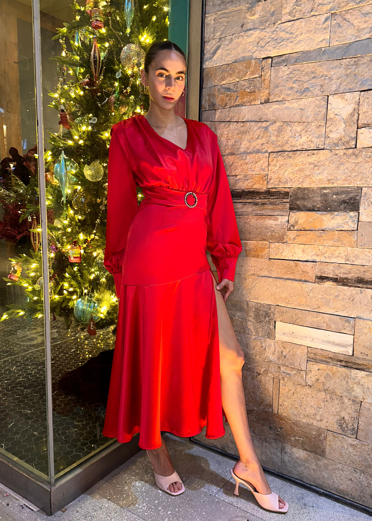 EP Luxury vestido midi satin anillo rojo