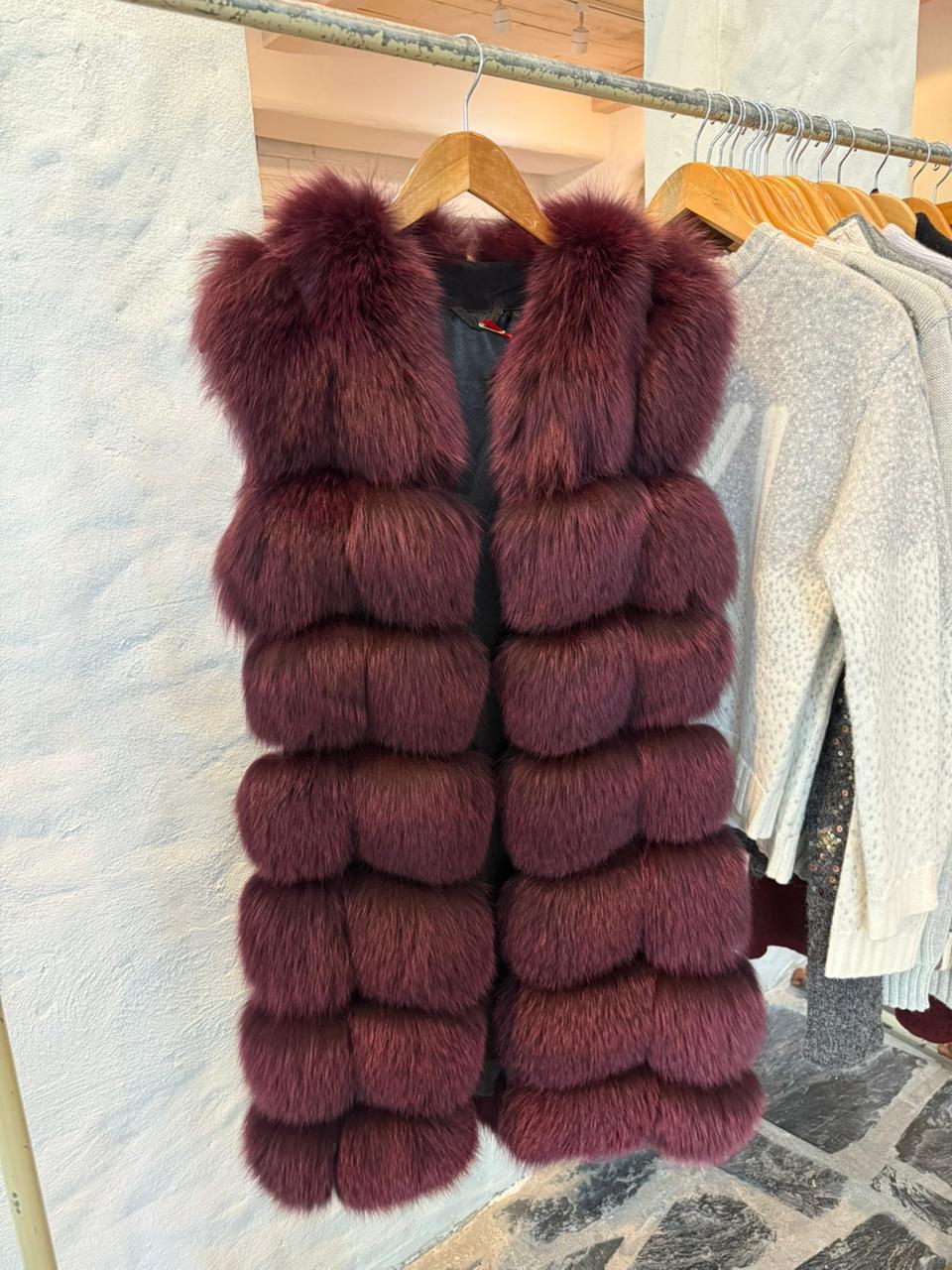 LONG FOX FUR VEST WITH TRIM