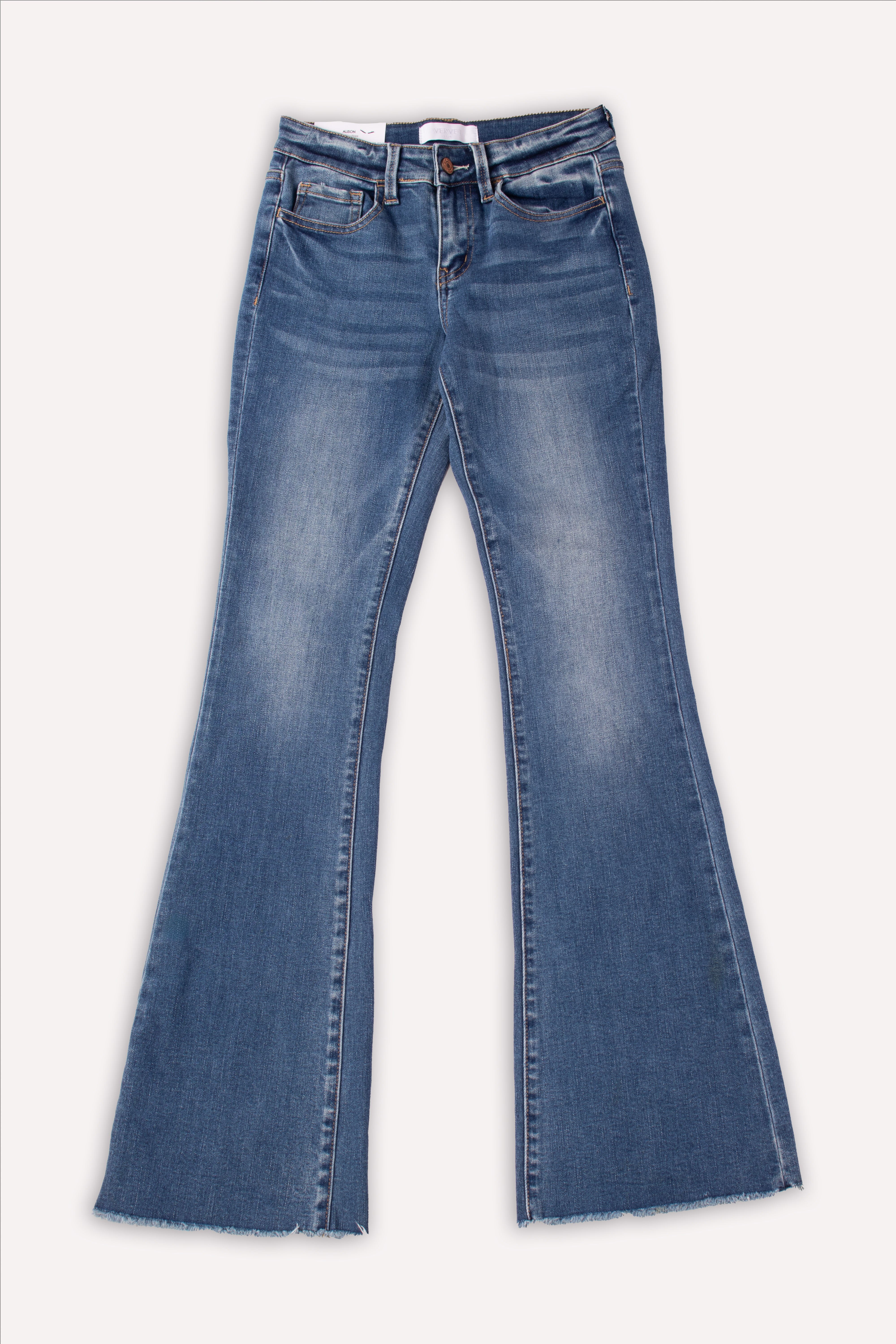 JEANS MID RISE MINI FLARE W RAW HEM VERVET