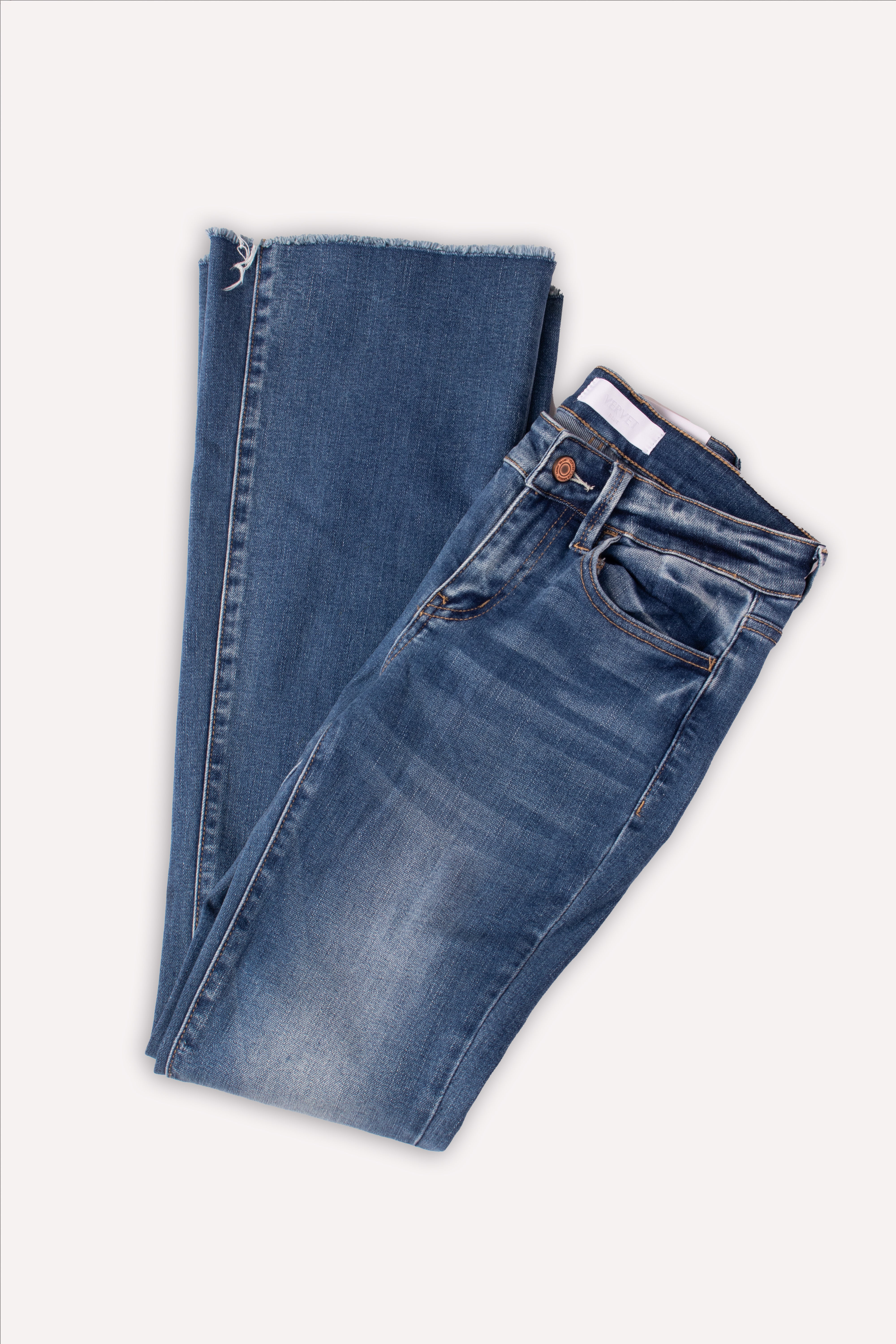 JEANS MID RISE MINI FLARE W RAW HEM VERVET