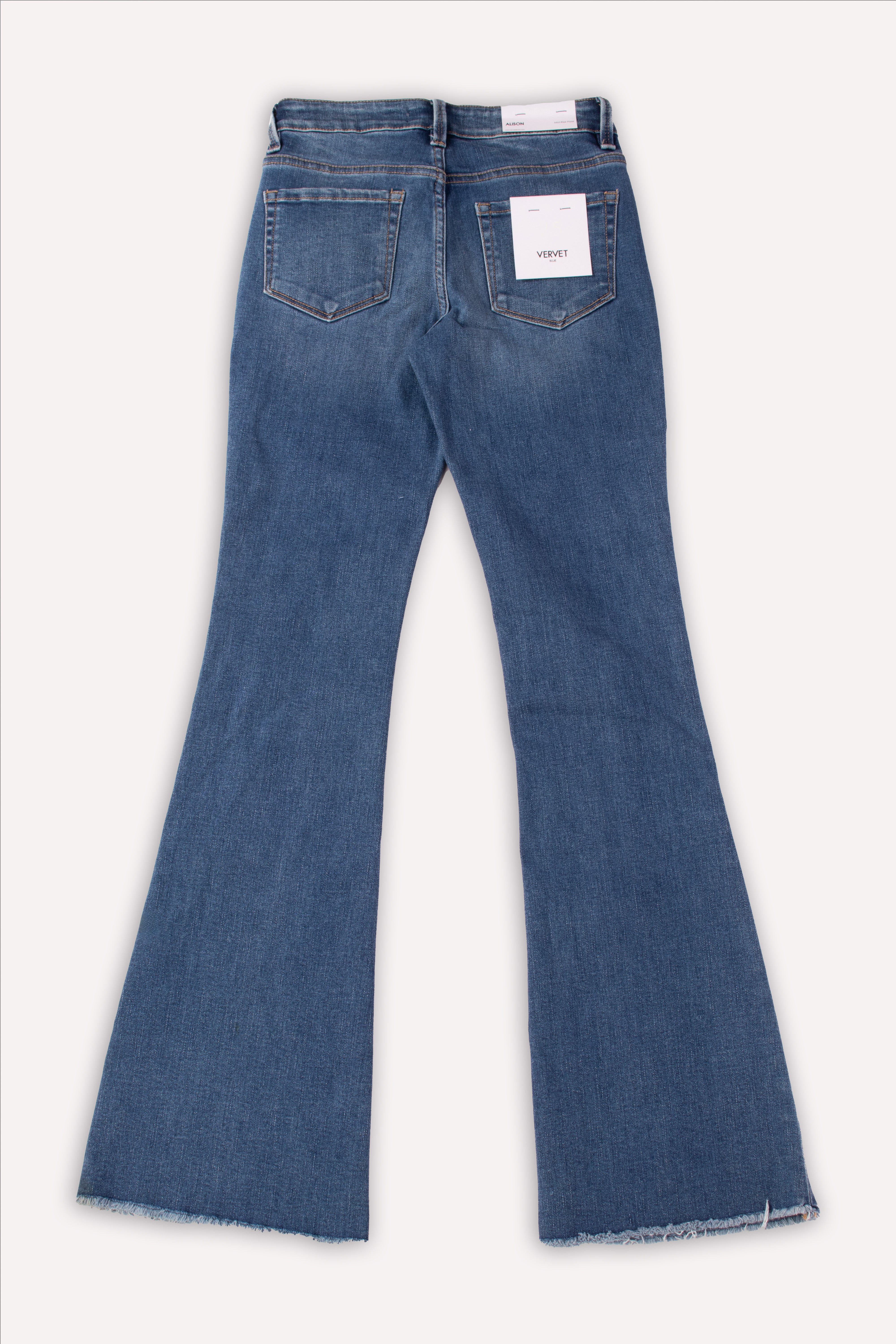 JEANS MID RISE MINI FLARE W RAW HEM VERVET